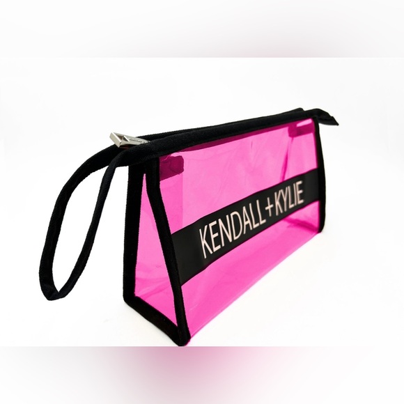 Kendall + Kylie Clear Wristlet Make Up Cosmetics Pouch Logo Print Black Pink - Picture 2 of 3